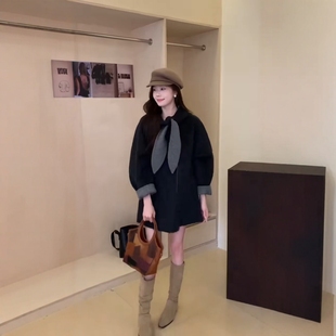 兔耳朵粉色连帽毛呢外套女秋冬高级感甜美气质小个子双面呢子大衣