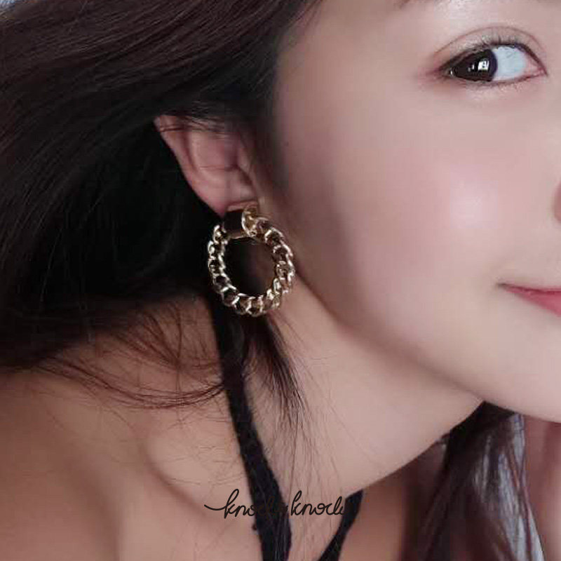 欧美风御姐女王金属链条无耳洞软垫耳夹夜店夸张大圆圈圈金色耳饰