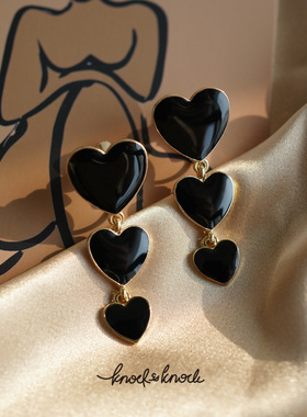 超精致长款无耳洞女耳夹日韩风格红心女王黑色心形螺旋可调节喜庆