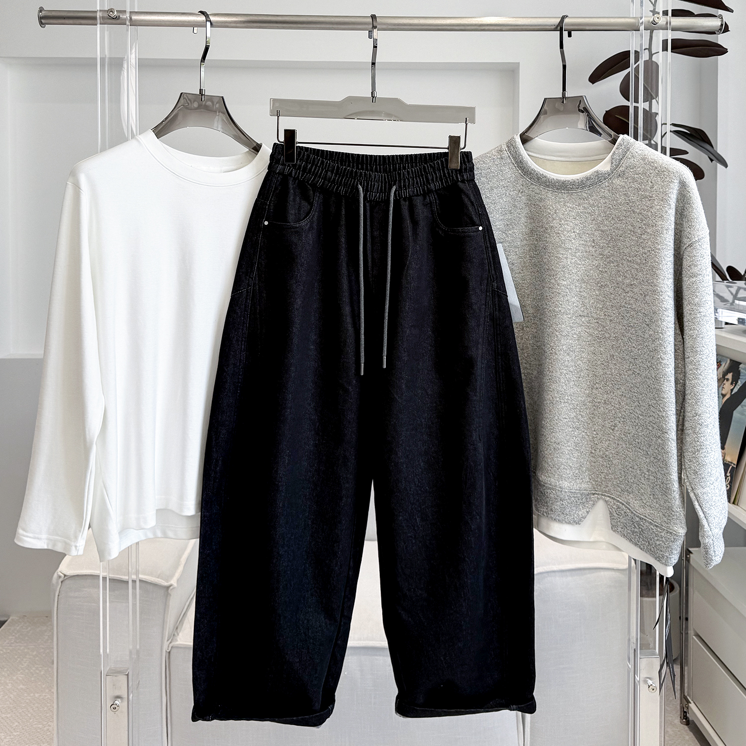 [磨毛牛仔休闲裤】2025新款潮流时尚宽松阔腿松紧腰抽绳男款长裤