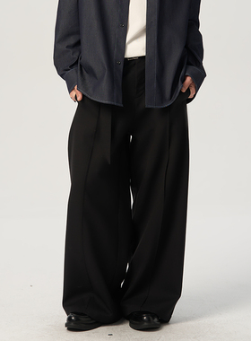 APOECHO 男士秋冬新款黑色腰带设计阔腿西裤复古宽松休闲长裤