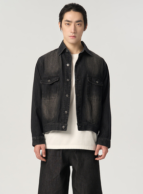 APOECHO  男士春季新款复古水洗宽松牛仔外套纯色休闲衬衫外套