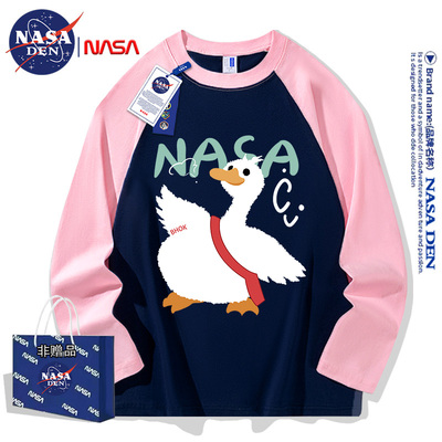 NASA联名拼接重磅纯棉长袖T恤男女款秋季潮流时尚印花ins插肩上衣