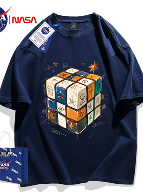 NASA联名美式印花重磅纯棉短袖T恤男女款透气夏季宽松百搭五分袖