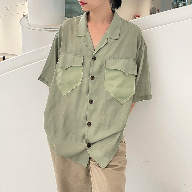 短袖衬衣女宽松慵懒风古巴领毛边大口袋衬衫宽松垂坠感衬衫男女_虎窝淘