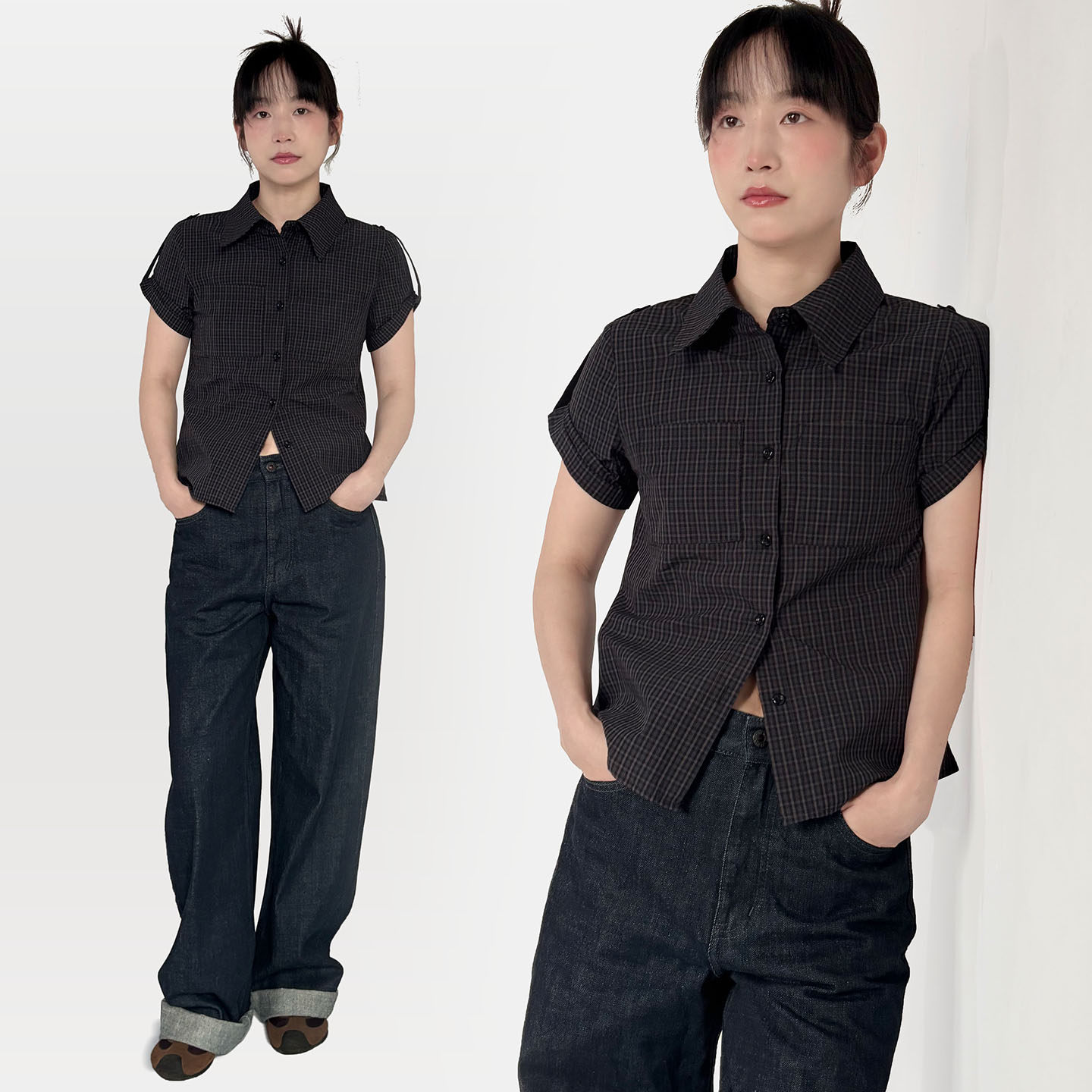 纯棉格纹正肩美式复古辣妹短袖衬衫女夏新款休闲收腰修身短款上衣