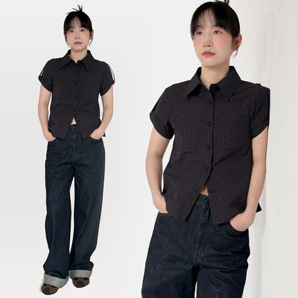 纯棉格纹正肩美式复古辣妹短袖衬衫女夏新款休闲收腰修身短款上衣