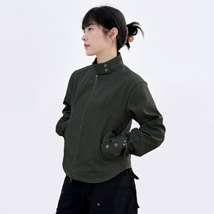 时髦假日 复古立领正肩墨绿皮质外套秋季新款拼接皮衣短夹克女