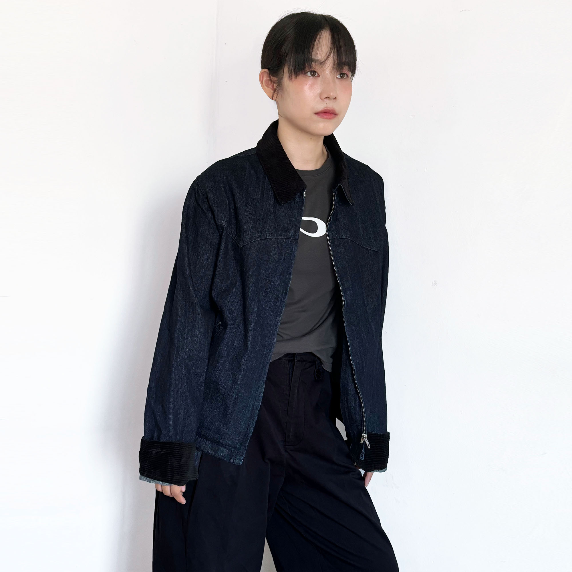 复古灯芯绒拼接牛仔夹克