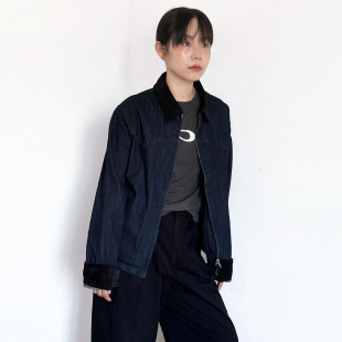 半岛铁盒 美式复古休闲宽松bf慵懒风灯芯绒拼接牛仔夹克外套女
