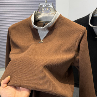 奥利绒半高领假两件加绒卫衣男冬季男款纯色套头一体绒针织上衣服