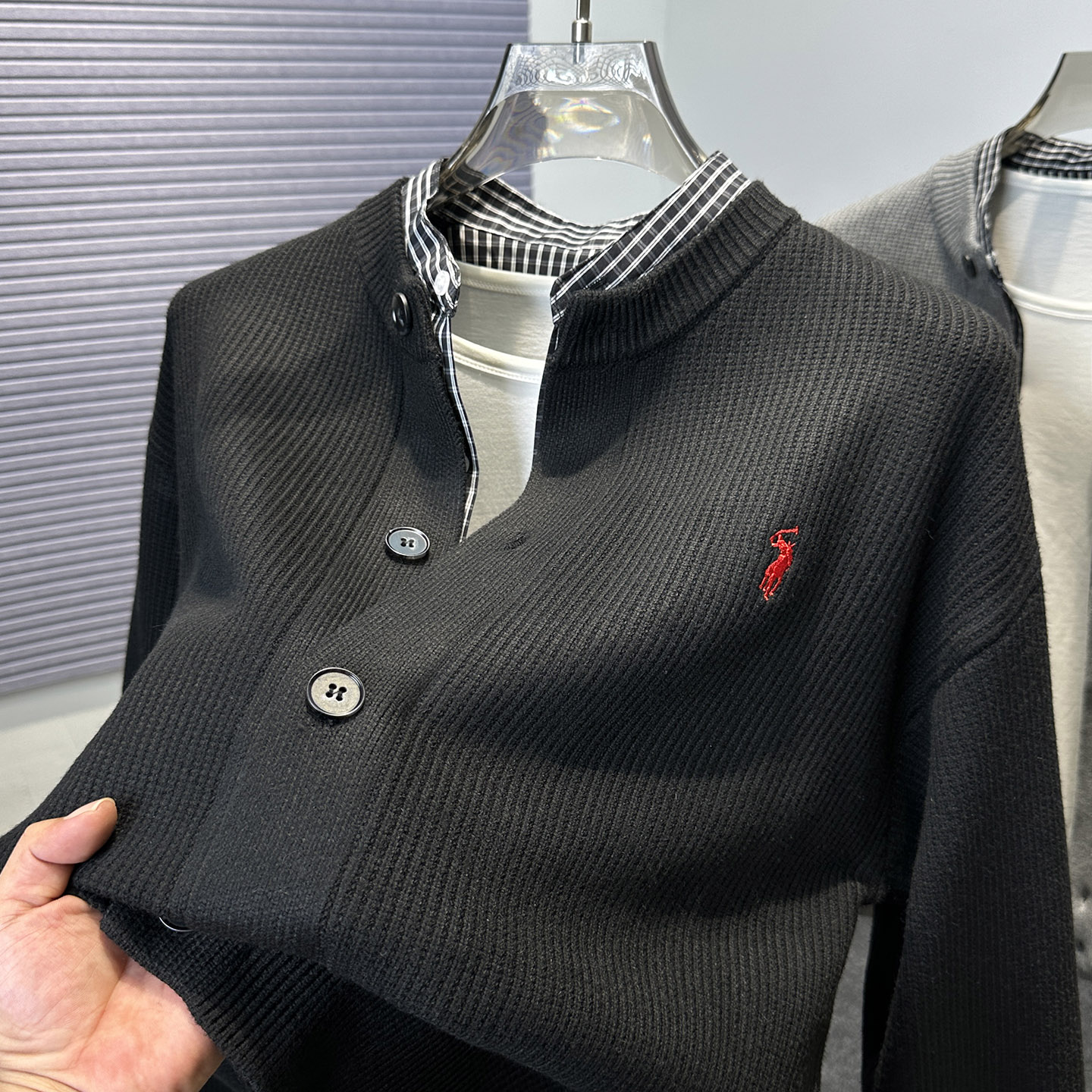 拼接假两件保罗开衫男毛衣外套