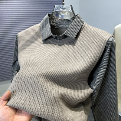 假两件衬衫领毛衣男款针织衫套头