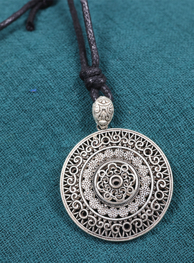 民族风饰品苗银圆形太阳鼓毛衣链