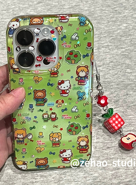 清新绿底满屏KT猫IMD适用于苹果17手机壳华为mate/p80 nova14小米17/k80/note15可爱oppo reno荣耀400女vivo