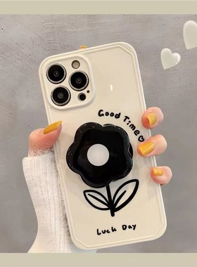 ins风黑色花朵带支架适用荣耀300pro/90GT/80/70手机壳50全包v40防摔play7T/8T畅玩60plus创意magic7/6女x60i