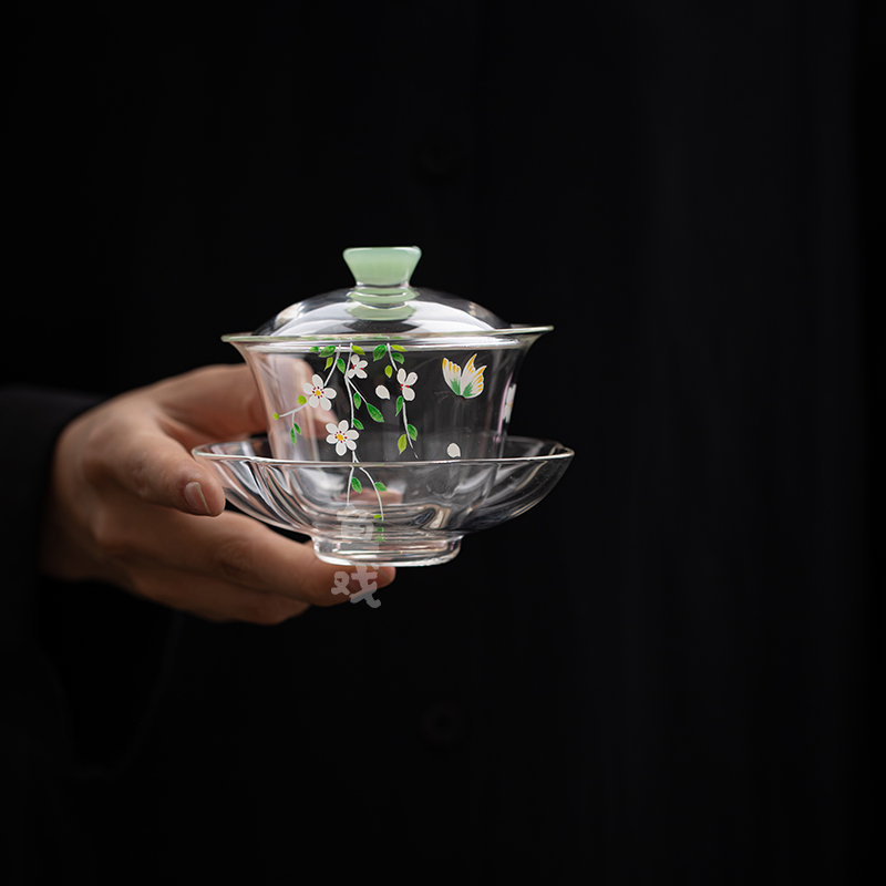 鱼戏田园风雏菊耐热玻璃盖碗带茶托小清新家用茶碗泡茶器手抓碗