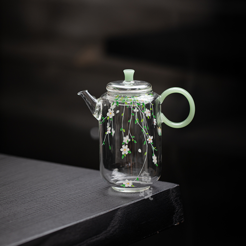 鱼戏田园风雏菊耐热玻璃手执茶壶小清新家用绿茶泡茶壶花茶壶单壶