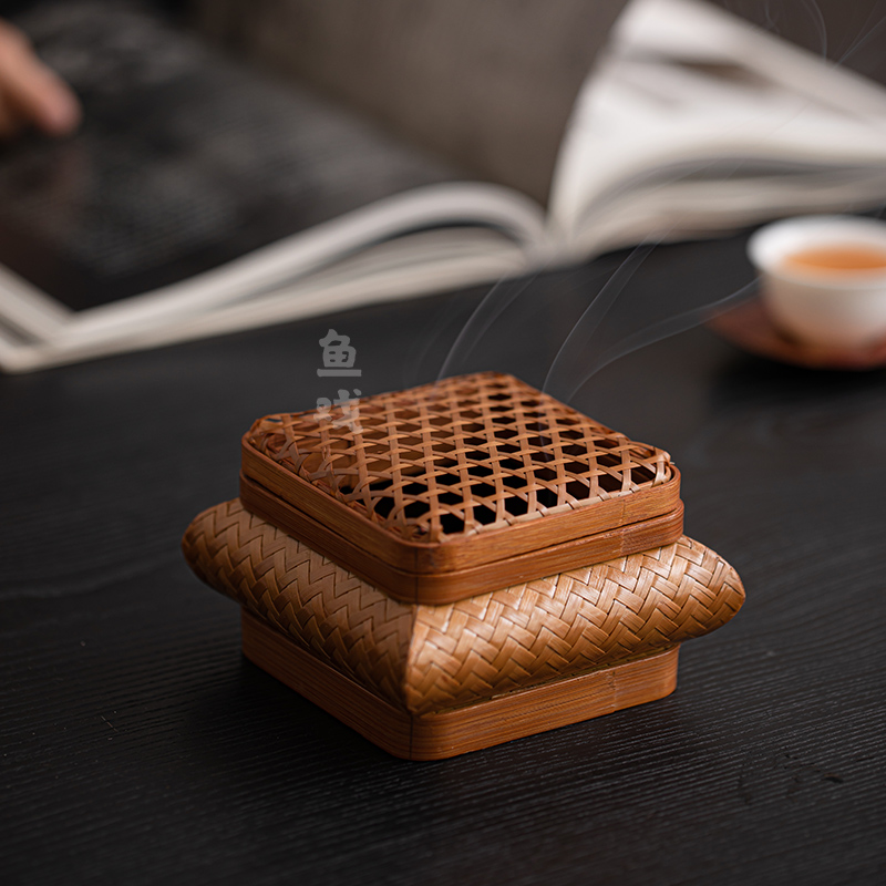 鱼戏大漆手工竹编香熏炉中式禅意家用复古沉香檀香盘香炉茶道摆件