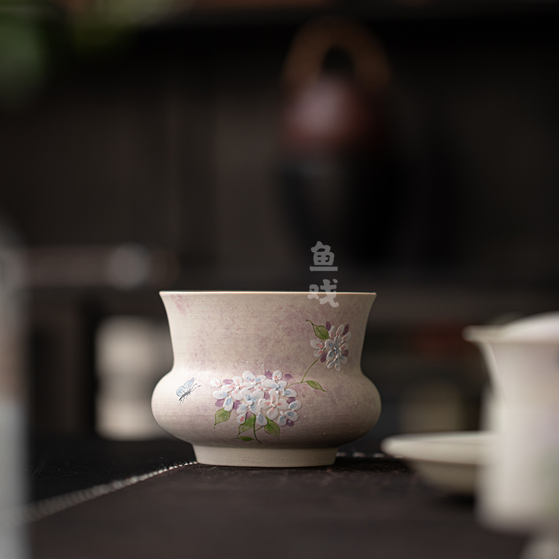 鱼戏手绘绣球花堆雕陶瓷建水洗水茶渣缸茶废水桶茶洗花瓶插花器