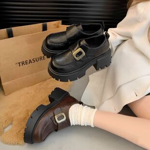 女2025秋百搭复古英伦风魔术贴乐福单鞋 水洗牛皮 厚底松糕小皮鞋