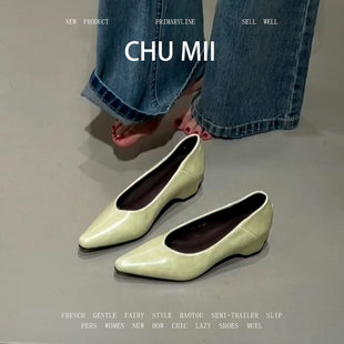 羊皮版~简约通勤尖头单鞋女真皮内增高玛丽珍鞋百搭软底浅口瓢鞋