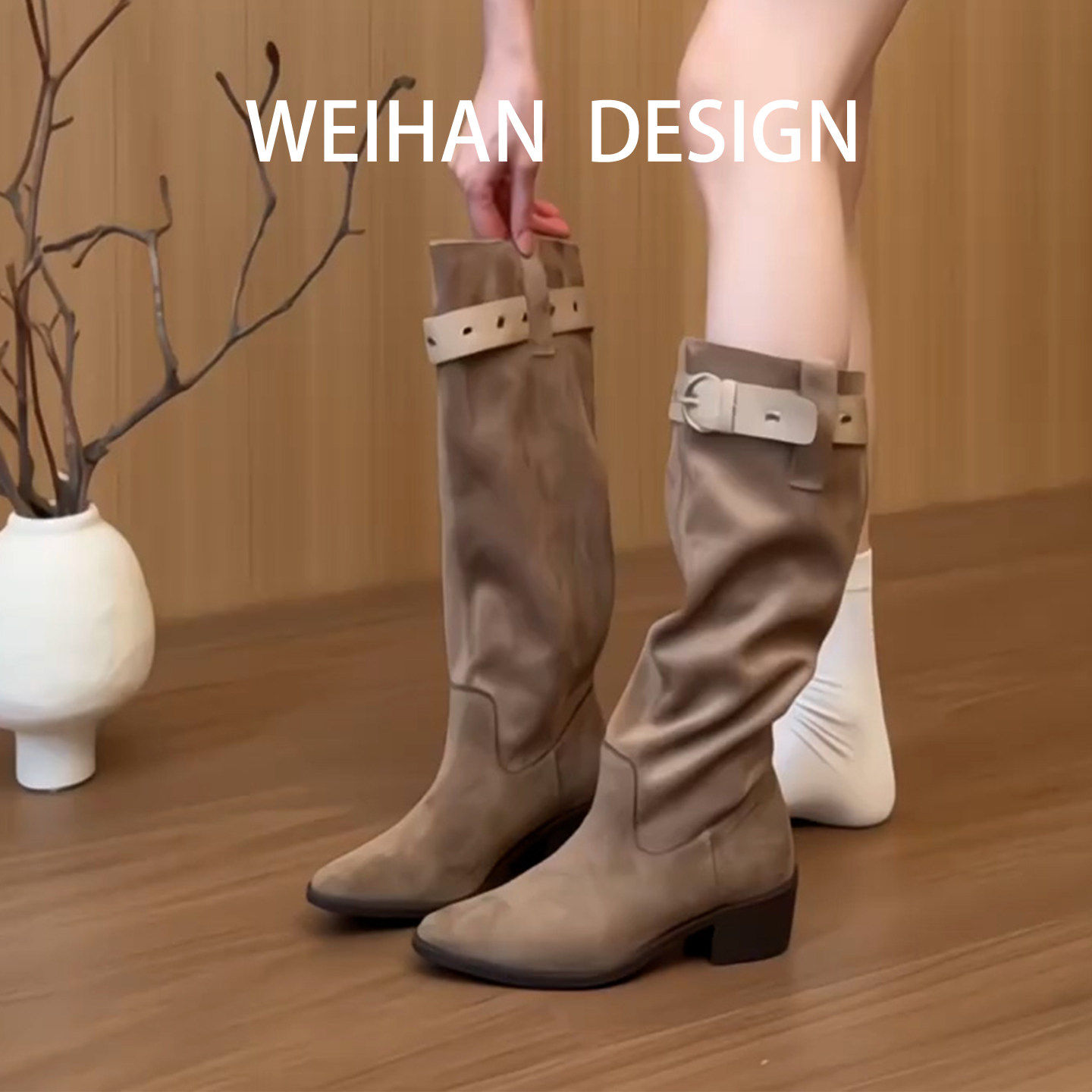 羊皮版！套筒尖头粗跟美拉德长靴女皮带扣西部靴废土风堆堆骑士靴,女鞋,骑士靴,淘宝优惠券,粉丝福利购,淘宝优惠卷