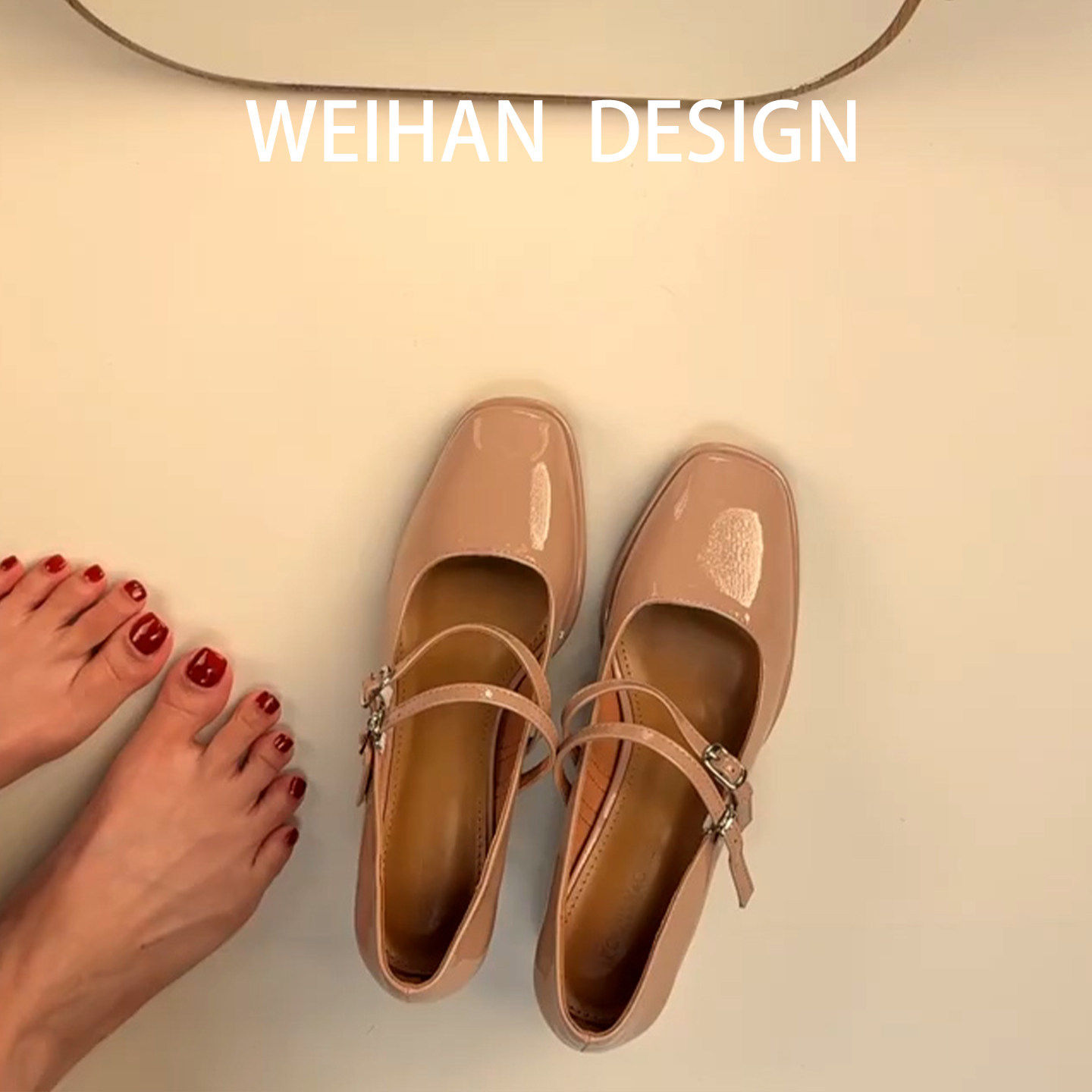 羊皮版！裸色方头玛丽珍单鞋女一字带温柔百搭漆皮粗跟气质高跟鞋,女鞋,玛丽珍鞋,淘宝优惠券,粉丝福利购,淘宝优惠卷