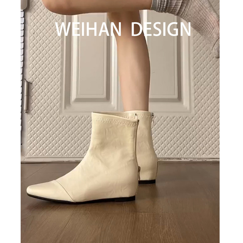 羊皮内增高短靴 弹力瘦瘦踝靴女款 米白色欧美风格女靴 后拉链尖