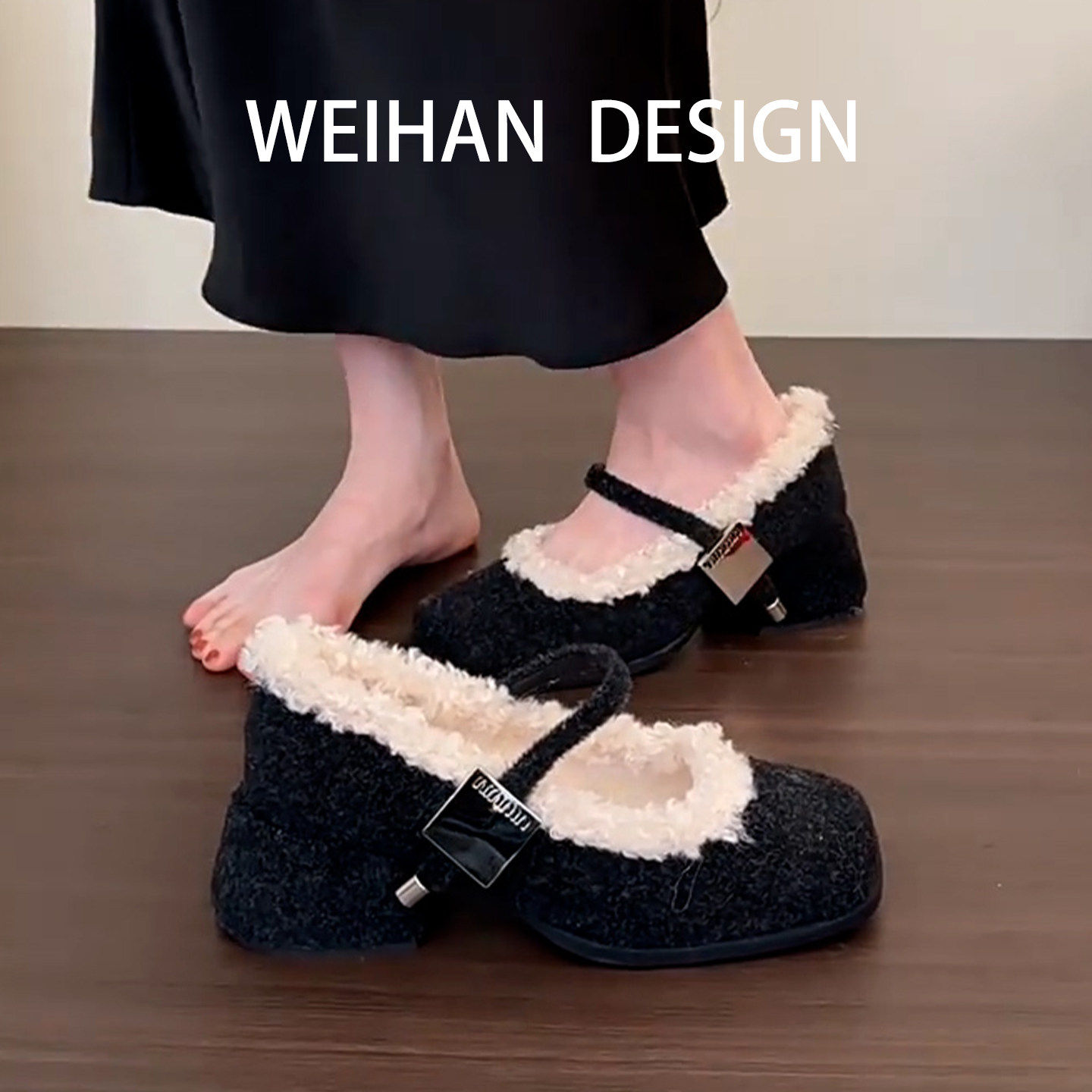 羊皮版！韩版毛毛边粗跟玛丽珍鞋女方头浅口单鞋法式配裙子高跟鞋,女鞋,玛丽珍鞋,淘宝优惠券,粉丝福利购,淘宝优惠卷