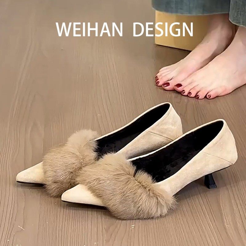 羊皮版！气质不累脚尖头高跟鞋女配裙加绒毛毛一脚蹬时髦性感单鞋
