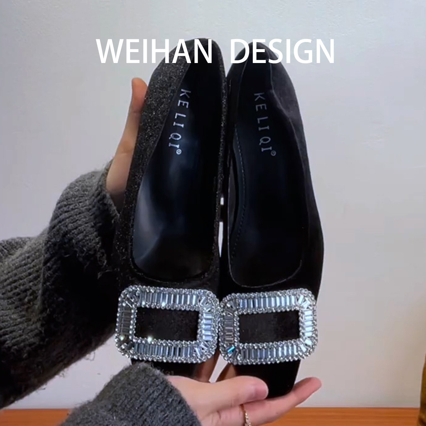 羊皮版！粗跟水钻方头气质单鞋女绒面黑色通勤女鞋法式浅口高跟鞋