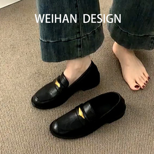 羊皮版！圆头厚底黑色真皮乐福鞋一脚蹬粗跟单鞋百搭英伦风小皮鞋