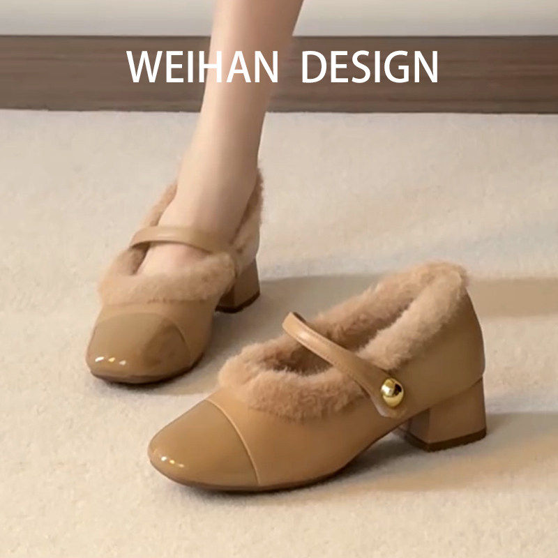 羊皮版！拼色复古粗跟玛丽珍鞋一字带方头毛毛单鞋保暖毛绒晚晚鞋,女鞋,浅口单鞋,淘宝优惠券,粉丝福利购,淘宝优惠卷