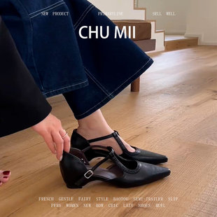 羊皮版~法式复古尖头单鞋女真皮内增高玛丽珍鞋软底一字扣高跟鞋