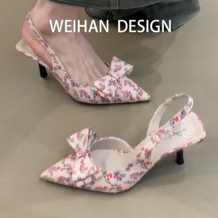 羊皮版！法式气质碎花尖头凉鞋仙女细跟5cm单鞋蝴蝶结绝美高跟鞋
