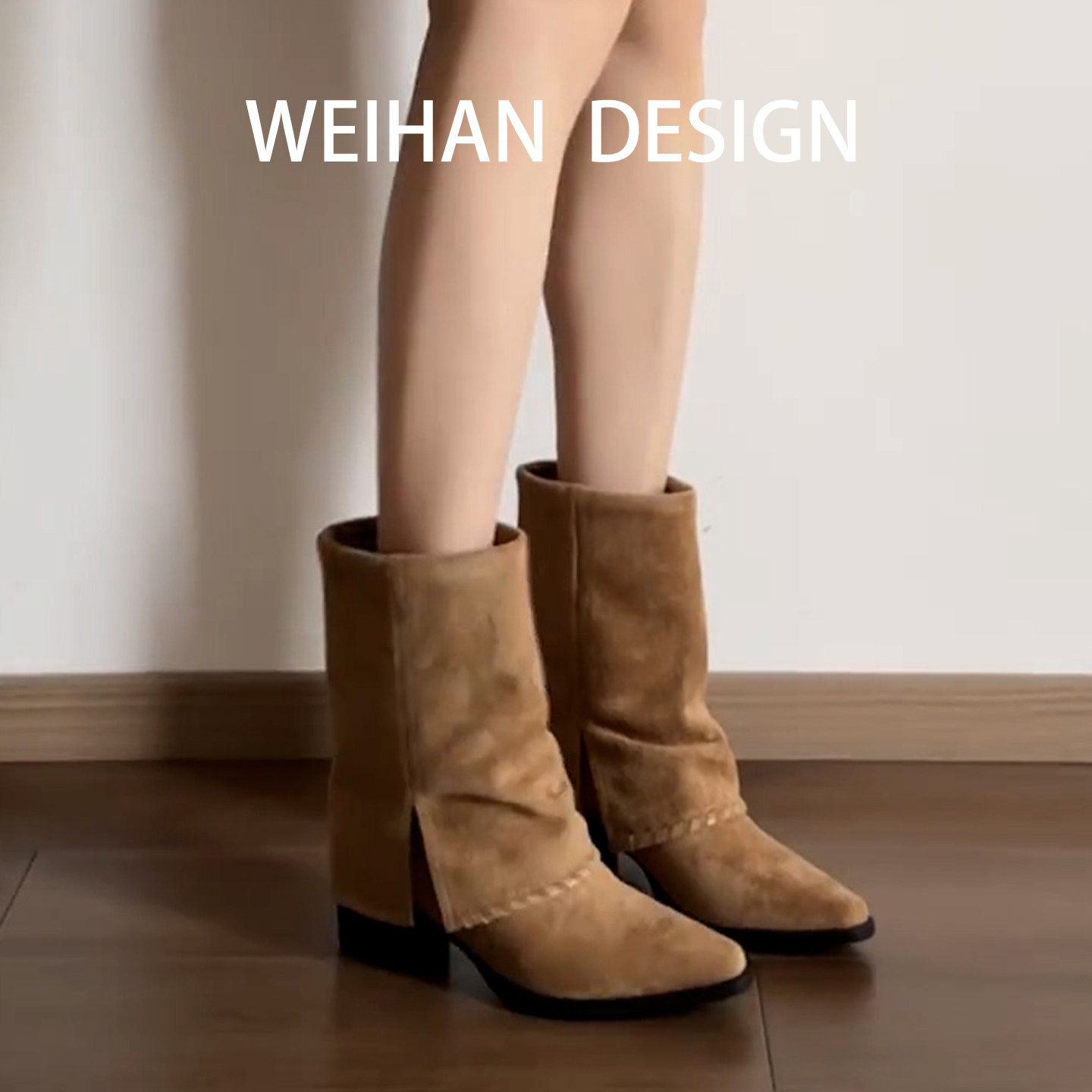 羊皮版！韩式复古绒面粗跟裤管靴女美拉德堆堆短靴花边设计瘦瘦靴,女鞋,骑士靴,淘宝优惠券,粉丝福利购,淘宝优惠卷