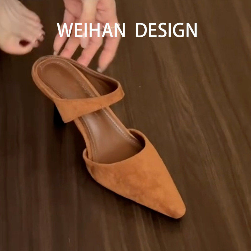 羊皮版！法式尖头细跟玛丽珍鞋女外穿穆勒包头半拖鞋绒面复古凉拖,女鞋,浅口单鞋,淘宝优惠券,粉丝福利购,淘宝优惠卷
