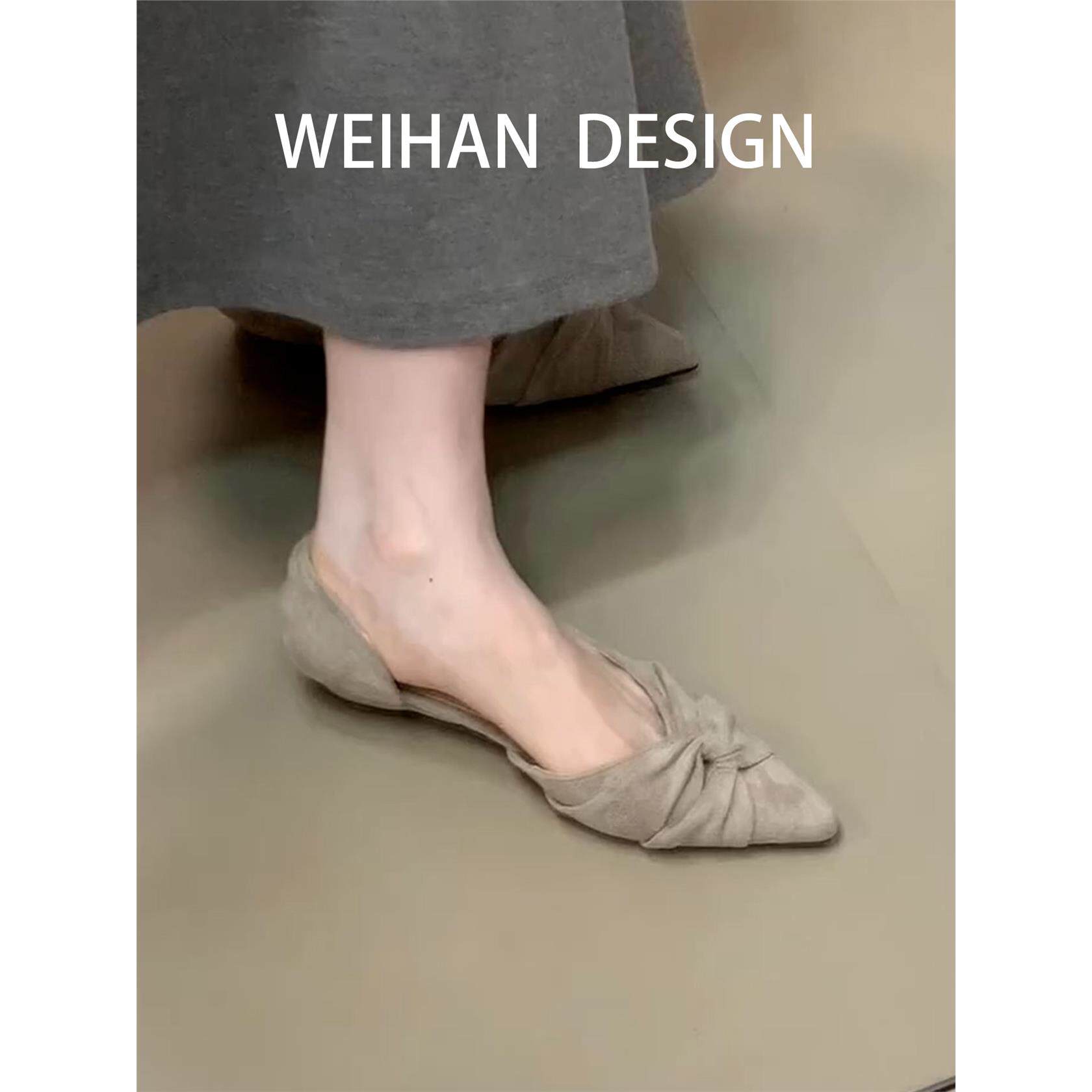 羊皮版！覆古尖头褶皱蝴蝶结单鞋女浅口低跟侧空软底通勤温柔瓢鞋