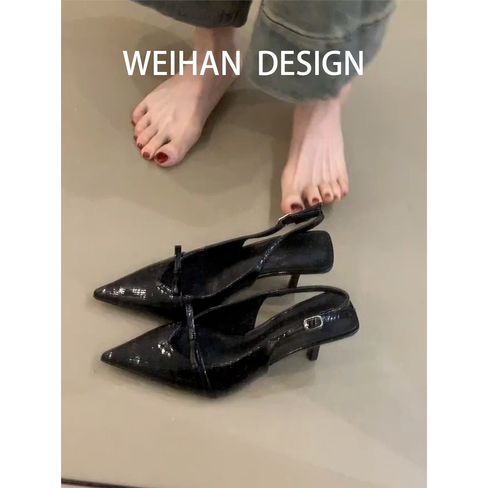 羊皮版~尖头蝴蝶结包头凉鞋女一字带漆皮气质单鞋后空黑色高跟鞋,女鞋,一字带凉鞋,淘宝优惠券,粉丝福利购,淘宝优惠卷