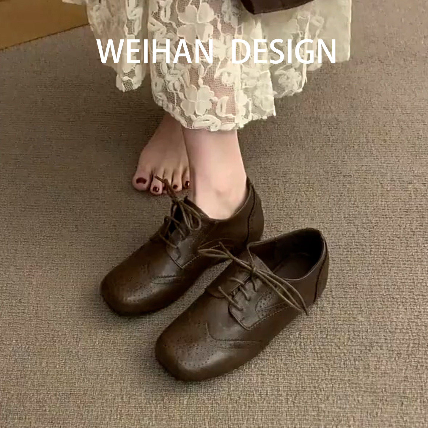 羊皮版！棕色系带内增高乐福小皮鞋复古英伦风雕花方头牛津鞋百搭,女鞋,牛津鞋/布洛克鞋/德比鞋,淘宝优惠券,粉丝福利购,淘宝优惠卷