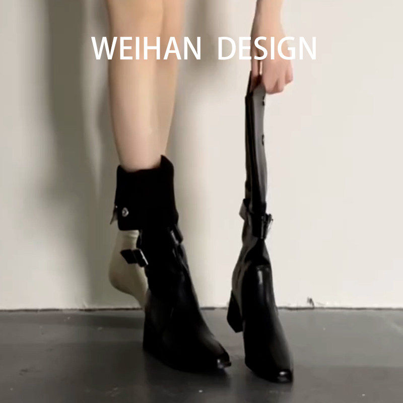 羊皮版！复古尖头骑士靴女粗跟显瘦不过膝时尚黑色长筒西部牛仔靴,女鞋,时装靴,淘宝优惠券,粉丝福利购,淘宝优惠卷