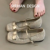羊皮版 方头一字扣瓢鞋 绝美亮片金色蝴蝶结包鞋 女内增高玛丽珍鞋