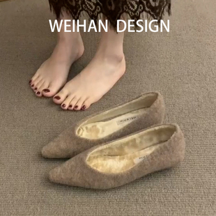 羊皮版~法式尖头加绒单鞋女平底保暖毛毛鞋通勤一脚蹬复古棉单鞋