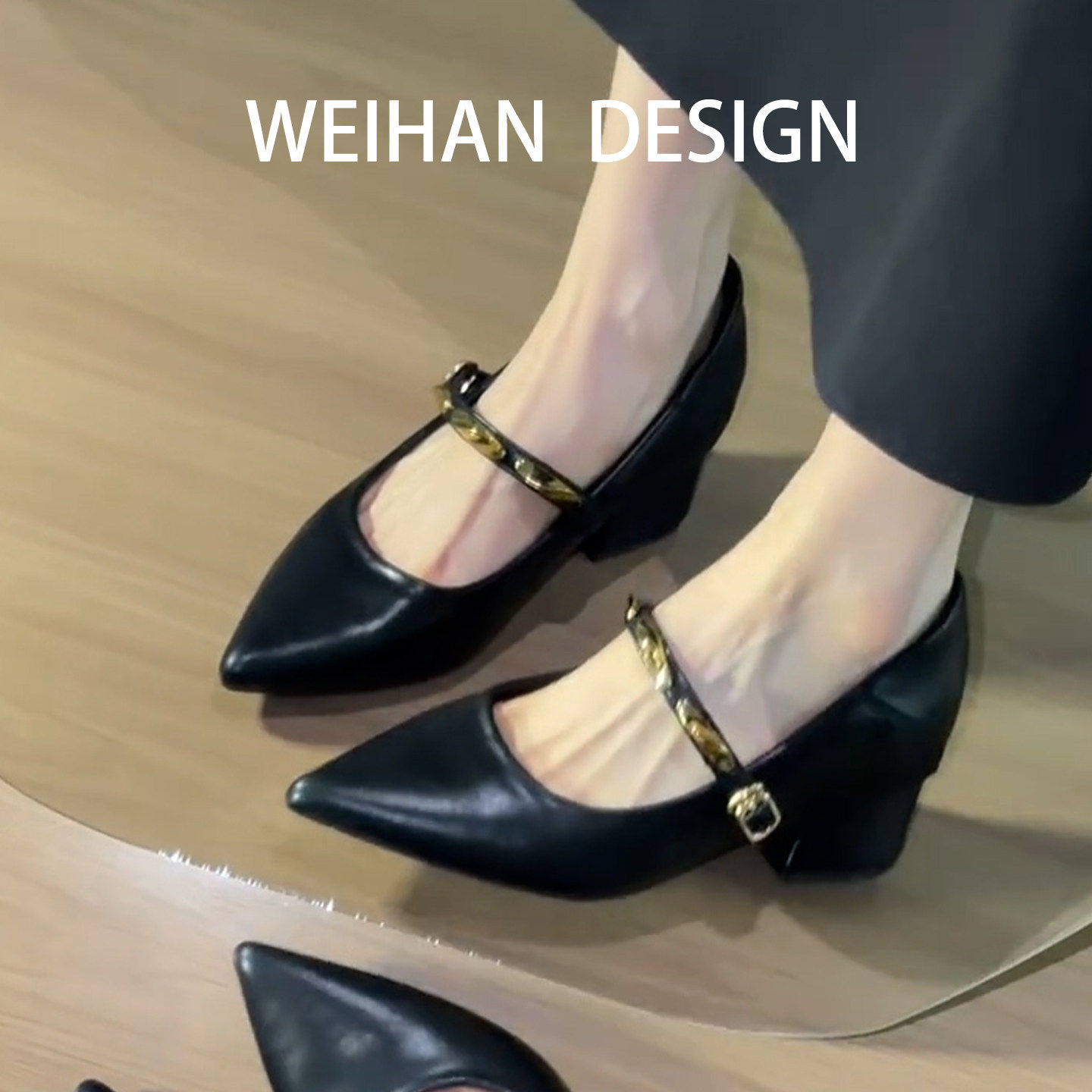 羊皮版！黑色尖头粗跟浅口高跟鞋女春季配裙子一字带气质高跟单鞋