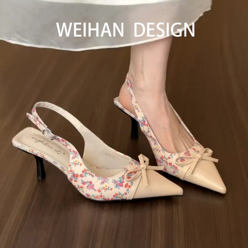 羊皮版！碎花色细跟尖头高跟鞋女蝴蝶结拼色凉鞋春夏不累脚宴会鞋
