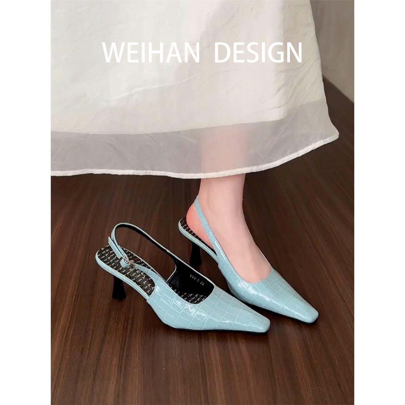 羊皮版！性感小方头细跟包头凉鞋女外穿春夏气质一字带后空高跟鞋