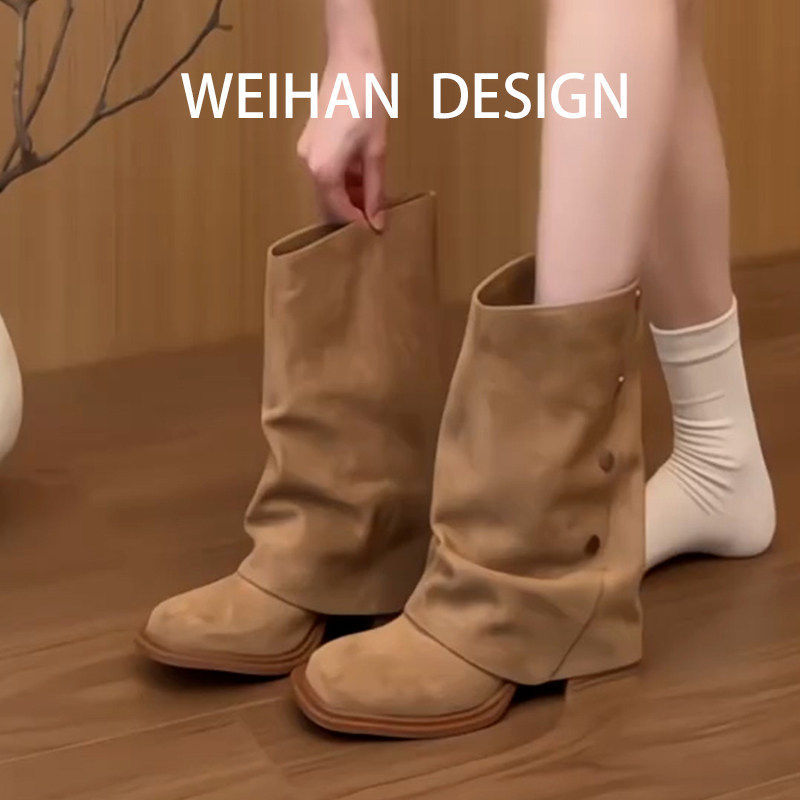 羊皮版！美拉德复古裤管靴女秋冬季巨好看粗跟大筒围堆堆中筒靴子,女鞋,时装靴,淘宝优惠券,粉丝福利购,淘宝优惠卷
