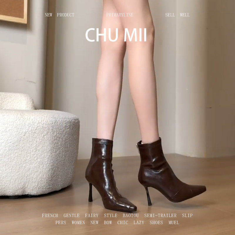 羊皮版！真皮高跟骑士靴女一脚蹬不累脚马丁靴后拉链尖头细跟短靴,女鞋,时装靴,淘宝优惠券,粉丝福利购,淘宝优惠卷