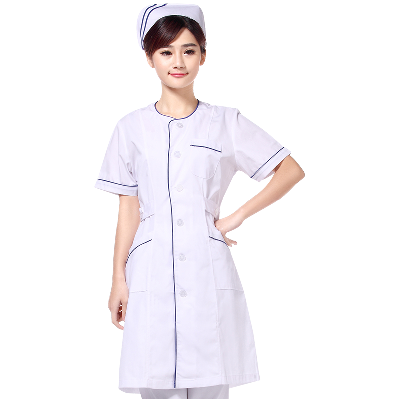 护士服夏季短袖蓝边薄款药店工作白大褂美容师医护医生服半袖无领